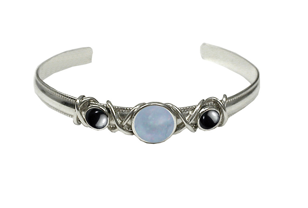 Sterling Silver Hand Made Cuff Bracelet With White Moonstone And Hematite